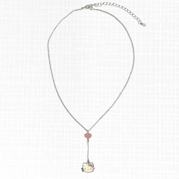 Hello Kitty Avon Necklace Pink Silver Tone Y Lariat Cat Pendant Heart Charm NRT - Picture 2 of 6